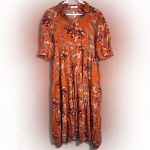 Natural Life Rebecca Tiered Midi Dress Orange Floral Size M Pockets Boho